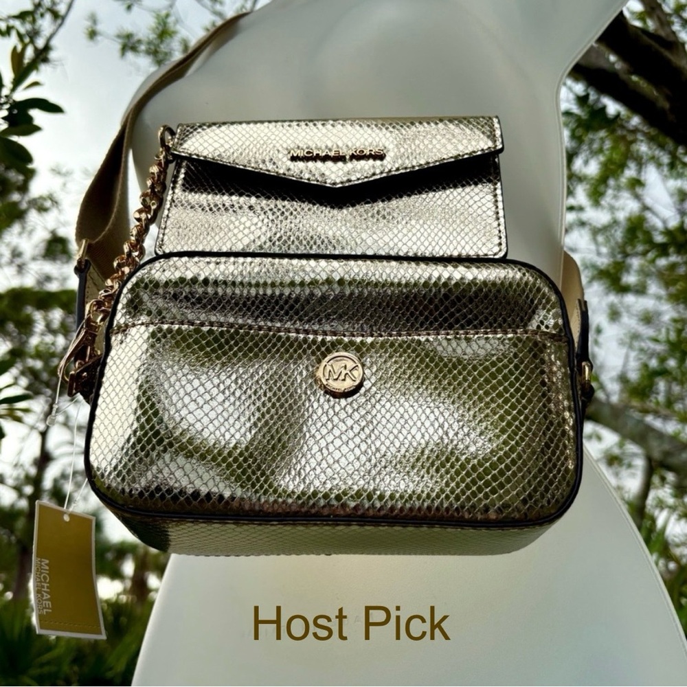 Michael Kors Metallic Gold Crossbody Bag Camera 2 in 1 iPhone Logo Exotic Snake